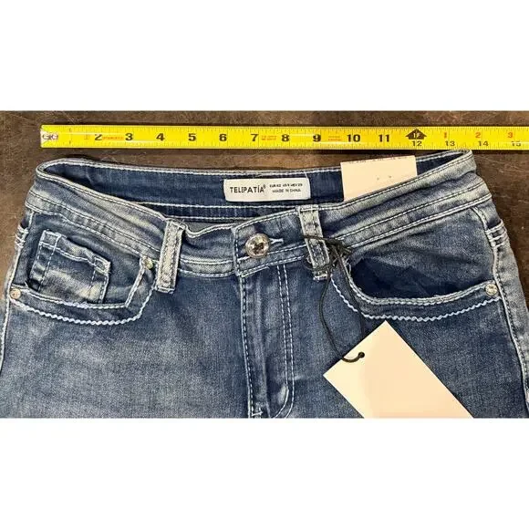 Telepatía Mid-Rise, Wide-Leg Denim Stretch Embellished Jeans Women’s 9/29 Skull - Picture 9 of 12